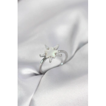 Gümüş Renk Yıldız Model Sedefli Zirkon Taşlı Kadın Yüzük - TJ-BYK4051