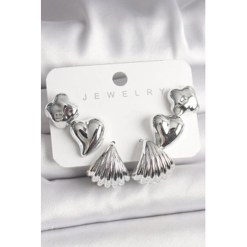 Gümüş Renk Yonca Kalp Deniz Kabuğu Figür CCB Kadın Küpe Seti - TJ-BKP10021