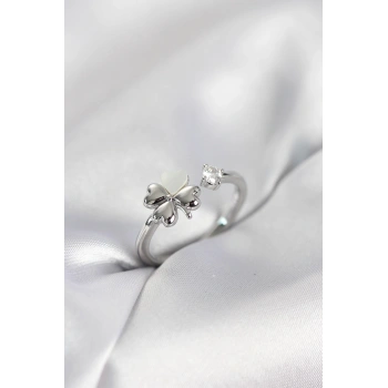 Gümüş Renk Yonca Model Sedefli Kadın Yüzük - TJ-BYK4102