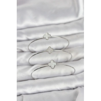 Gümüş Renk Yonca Model Zirkon Taşlı 3lü Kadın Bileklik Kombini - TJ-BB8344