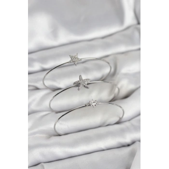 Gümüş Renk Zirkon Taşlı Deniz Yıldızı Model 3lü Kadın Bileklik Kombini - TJ-BB8356