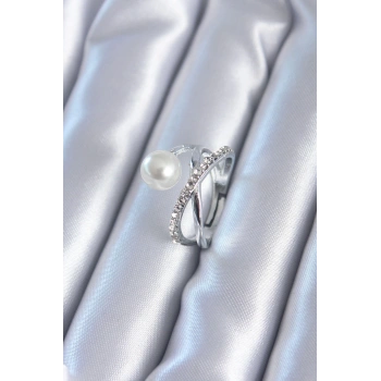 Gümüş Renk Zirkon Taşlı İncili Kadın Yüzük - TJ-BYK2807