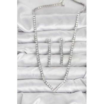 Gümüş Renk Zirkon Taşlı Kadın Kolye Küpe Seti - TJ-BKO10638