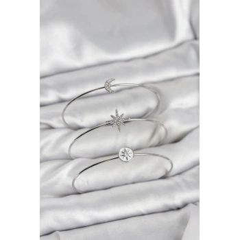 Gümüş Renk Zirkon Taşlı Kutup Yıldızı Model 3lü Kadın Bileklik Kombini - TJ-BB8354