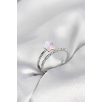 Gümüş Renk Zirkon Taşlı Pembe Halley Model Kadın Yüzük - TJ-BYK4039
