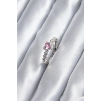 Gümüş Renk Zirkon Taşlı Pembe Kristal Kalp Model Kadın Yüzük - TJ-BYK2851