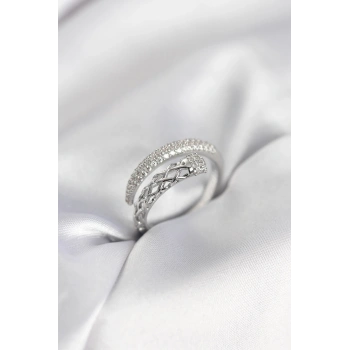 Gümüş Renk Zirkon Taşlı Sarmal Kadın Yüzük - TJ-BYK3986