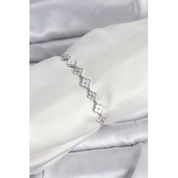 Gümüş Renk Zirkon Taşlı Sıralı Yonca Model Asansörlü Kadın Bileklik - TJ-BB8339