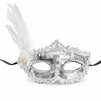 Gümüş Tüylü Payetli Lüks Taşlı Parti Maskesi
