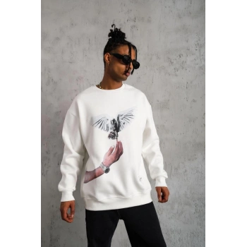 Güvercin Baskılı Sweatshirt - Beyaz -