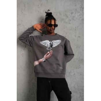 Güvercin Baskılı Sweatshirt - Gri