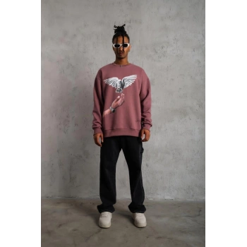 Güvercin Baskılı Sweatshirt - Gül Kurusu