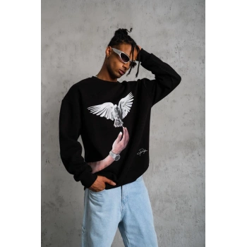 Güvercin Baskılı Sweatshirt - Siyah -