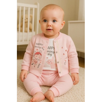 Happy Dancing Desenli 3lü Hırkalı Kız Bebek Takım
