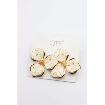 Hasır Çiçek Küpe - Krem