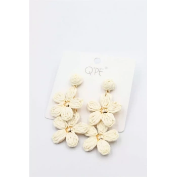 Hasır Çiçek Küpe - Krem