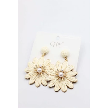 Hasır Çiçek Küpe - Krem