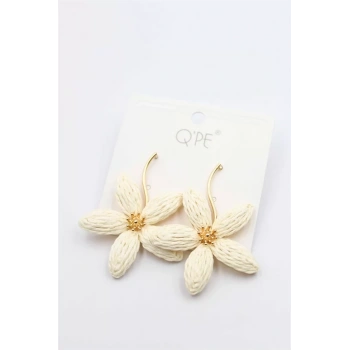 Hasır Çiçek Küpe - Krem