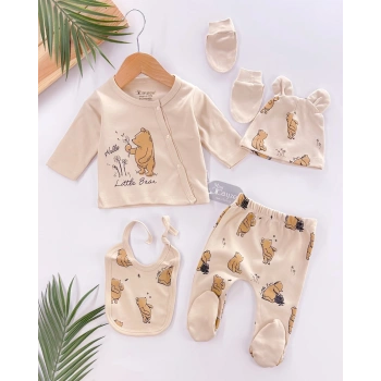 Hello Little Bear Baskılı 5 Parça %100 Pamuk Erkek Bebek Hastane Çıkışı