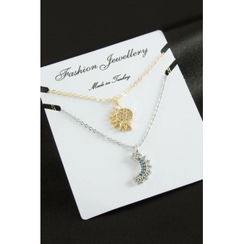 Hilal Yıldız Çift Zirkon Taşlı Kolye