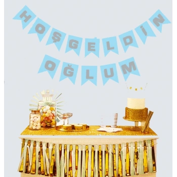 Hoşgeldin Oğlum Mavi Üzeri Gümüş Yeni Doğan Bebek Doğum Süsü Afiş Bayrak Flama 2.2 Metre (4887)