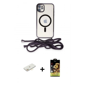 ieg™ iPhone 11 Kılıf Eksen Özel Seri - Siyah Buffer Cam Ekran Koruyucu + Sarı Renkli Kamera Lens Koruma Cam
