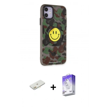 ieg™ iPhone 11 Kılıf Nova Doku Koleksiyonu - Siyah Bilvis 5in1 3D Magic Cam Ekran Koruyucu + Turuncu Renkli Kamera Lens Koruma Cam