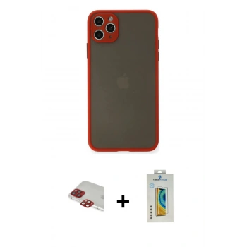 ieg™ iPhone 11 Pro Max Kılıf Ahenk Çizgi Serisi - Siyah Polymer Nano Ekran Koruyucu + Kırmızı Pers Alüminyum Kamera Lens