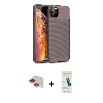 ieg™ iPhone 11 Pro Max Kılıf Eksen Form Prime - Şeffaf Pasifik Cam Ekran Koruyucu + Kırmızı Pers Alüminyum Kamera Lens