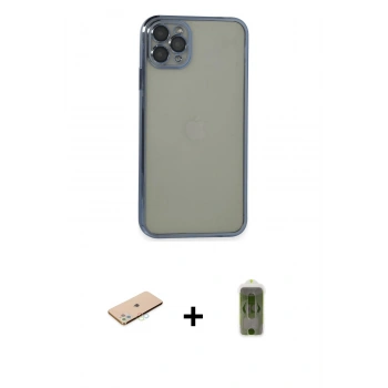 ieg™ iPhone 11 Pro Max Kılıf Vadi Minimal - Siyah Joko Magic 5D Hayalet Cam + Mavi Renkli Kamera Lens Koruma Cam