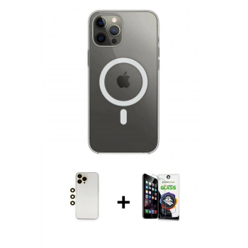 ieg™ iPhone 12 Pro Max Kılıf Ahenk Yansıma Prime - Şeffaf Temperli Cam Ekran Koruyucu + Gold Shine Kamera Lens