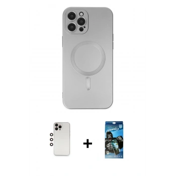 ieg™ iPhone 12 Pro Max Kılıf Akış Minimal Özel Seri - Siyah 34D Izgaralı Cam + Gökkuşağı Shine Kamera Lens