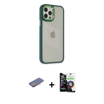 ieg™ iPhone 12 Pro Max Kılıf Eksen Doku Prime - Şeffaf Temperli Cam Ekran Koruyucu + Pembe Renkli Kamera Lens Koruma Cam