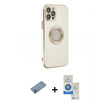 ieg™ iPhone 12 Pro Max Kılıf İz Form Serisi - Şeffaf Royal Nano Ekran Koruyucu + Pembe Shine Kamera Lens Koruma Cam