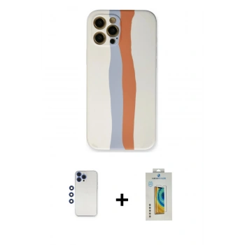 ieg™ iPhone 12 Pro Max Kılıf Yadigar Çizgi - Siyah Polymer Nano Ekran Koruyucu + Lacivert Shine Kamera Lens