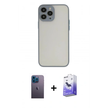ieg™ iPhone 13 Pro Max Kılıf Ahenk Çizgi Serisi - Siyah Bilvis 5in1 5D Magic Hayalet Cam Ekran Koruyucu + Mavi Neon Fosforlu Kamera Lens