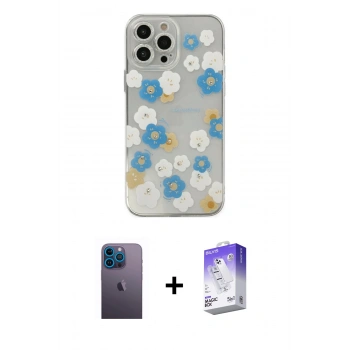 ieg™ iPhone 13 Pro Max Kılıf Eksen Asil Prime - Siyah Bilvis 5in1 3D Magic Cam Ekran Koruyucu + Mavi Neon Fosforlu Kamera Lens