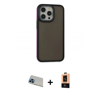 ieg™ iPhone 13 Pro Max Kılıf Eksen Işık - Şeffaf Maxco Cam Ekran Koruyucu + Mavi Rainbow Kamera Lens Koruma Cam