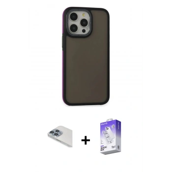 ieg™ iPhone 13 Pro Max Kılıf Eksen Işık - Siyah Bilvis 5in1 3D Magic Cam Ekran Koruyucu + Sierra Blue Pers Alüminyum Kamera Lens