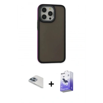 ieg™ iPhone 13 Pro Max Kılıf Eksen Işık - Siyah Bilvis 5in1 5D Magic Hayalet Cam Ekran Koruyucu + Sierra Blue Pers Alüminyum Kamera Lens