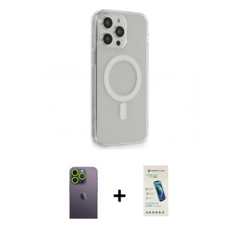 ieg™ iPhone 13 Pro Max Kılıf Pusula Çizgi Koleksiyonu - Şeffaf Pasifik Cam Ekran Koruyucu + Yeşil Neon Fosforlu Kamera Lens