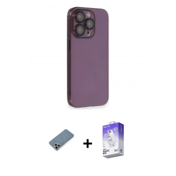 ieg™ iPhone 13 Pro Max Kılıf Siluet Minimal Özel Seri - Siyah Bilvis 5in1 3D Magic Cam Ekran Koruyucu + Mor Metal Kamera Lens Koruma Cam