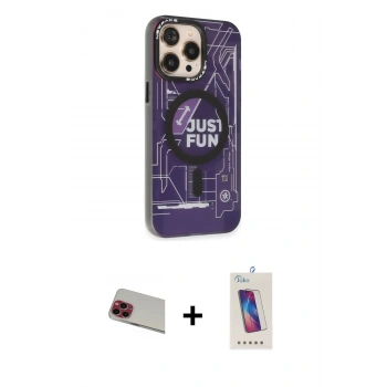 ieg™ iPhone 13 Pro Max Kılıf Siluet Modern Koleksiyonu - Siyah Joko 5D Cam + Kırmızı Rainbow Kamera Lens Koruma Cam