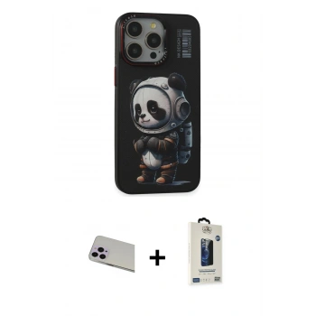 ieg™ iPhone 13 Pro Max Kılıf Siluet Modern Özel Seri - Siyah Bilvis Hayalet Cam Ekran Koruyucu + Mor Rainbow Kamera Lens Koruma Cam
