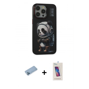 ieg™ iPhone 13 Pro Max Kılıf Siluet Modern Özel Seri - Siyah Joko 5D Cam + Mavi Shine Kamera Lens Koruma Cam