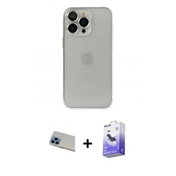 ieg™ iPhone 13 Pro Max Kılıf Ufuk Minimal Özel Seri - Siyah Bilvis 5in1 5D Magic Hayalet Cam Ekran Koruyucu + Mavi Rainbow Kamera Lens Koruma Cam