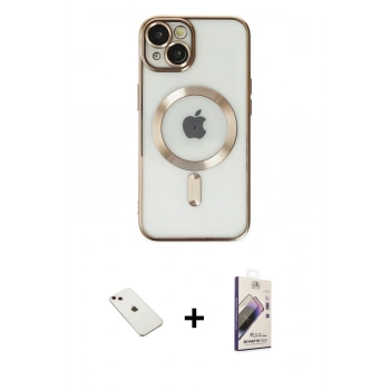 ieg™ iPhone 14 Kılıf Nova Işık Özel Seri - Siyah Bilvis 3D Mat Cam Ekran Koruyucu + Pembe Diamond Kamera Lens