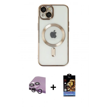 ieg™ iPhone 14 Kılıf Nova Işık Özel Seri - Siyah Buffer Hayalet Cam Ekran Koruyucu + Mor Raze Metal Kamera Lens