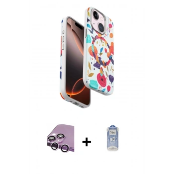 ieg™ iPhone 14 Kılıf Siluet Doku - Siyah Joko Magic 5D Cam + Mor Raze Metal Kamera Lens