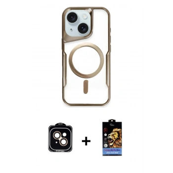 ieg™ iPhone 14 Kılıf Yadigar Klasik Özel Seri - Siyah Buffer Hayalet Cam Ekran Koruyucu + Turuncu PVD Metal Kamera Lens
